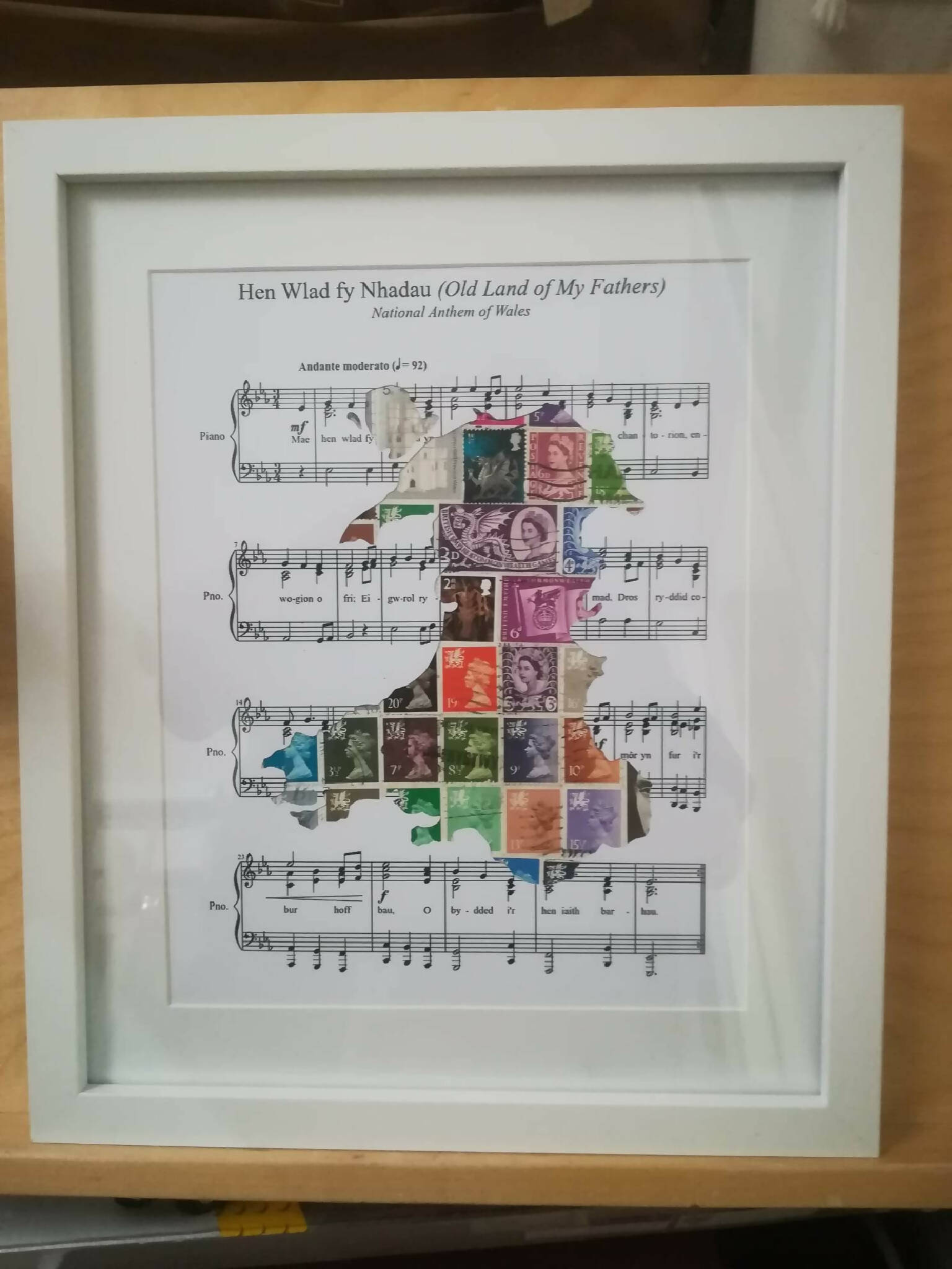 Stamp art Welsh Map & national Anthem in white