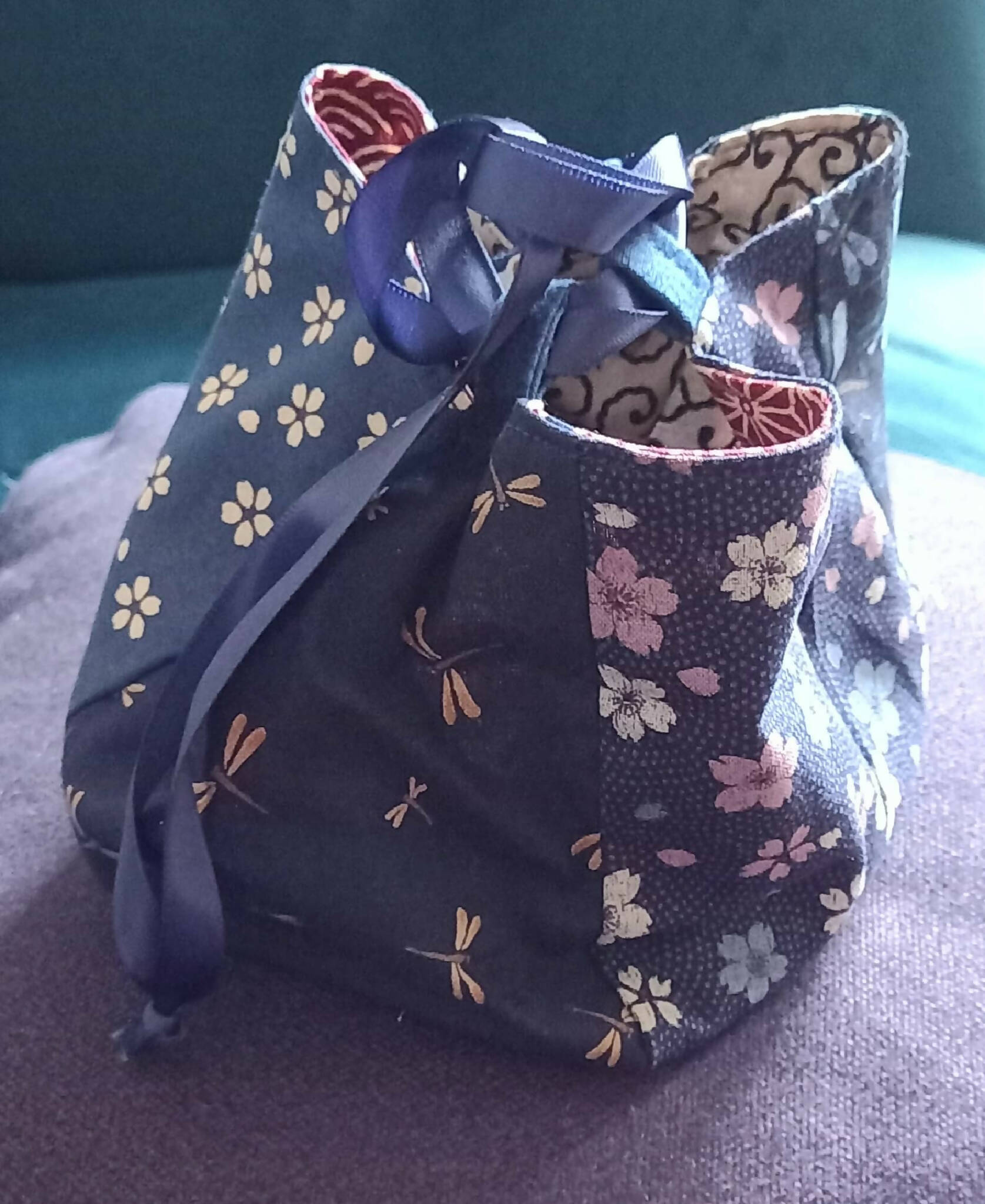 Navy and Red Japanese Rice Bag