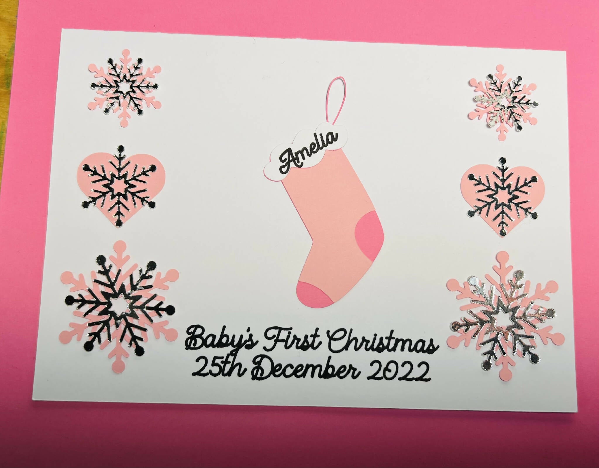 Baby 1st Christmas card snowflake & hearts