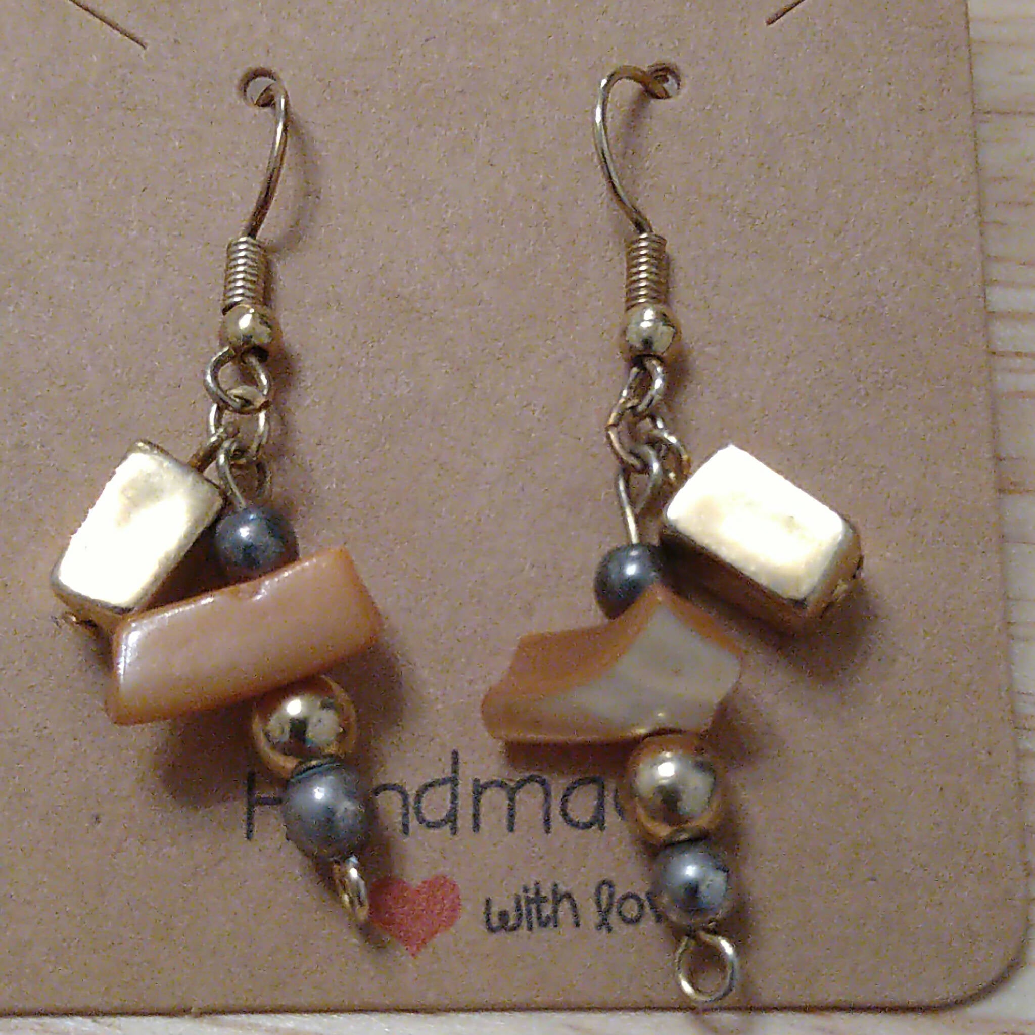 Handmade earrings with mixed metal coloured beads & stone chips