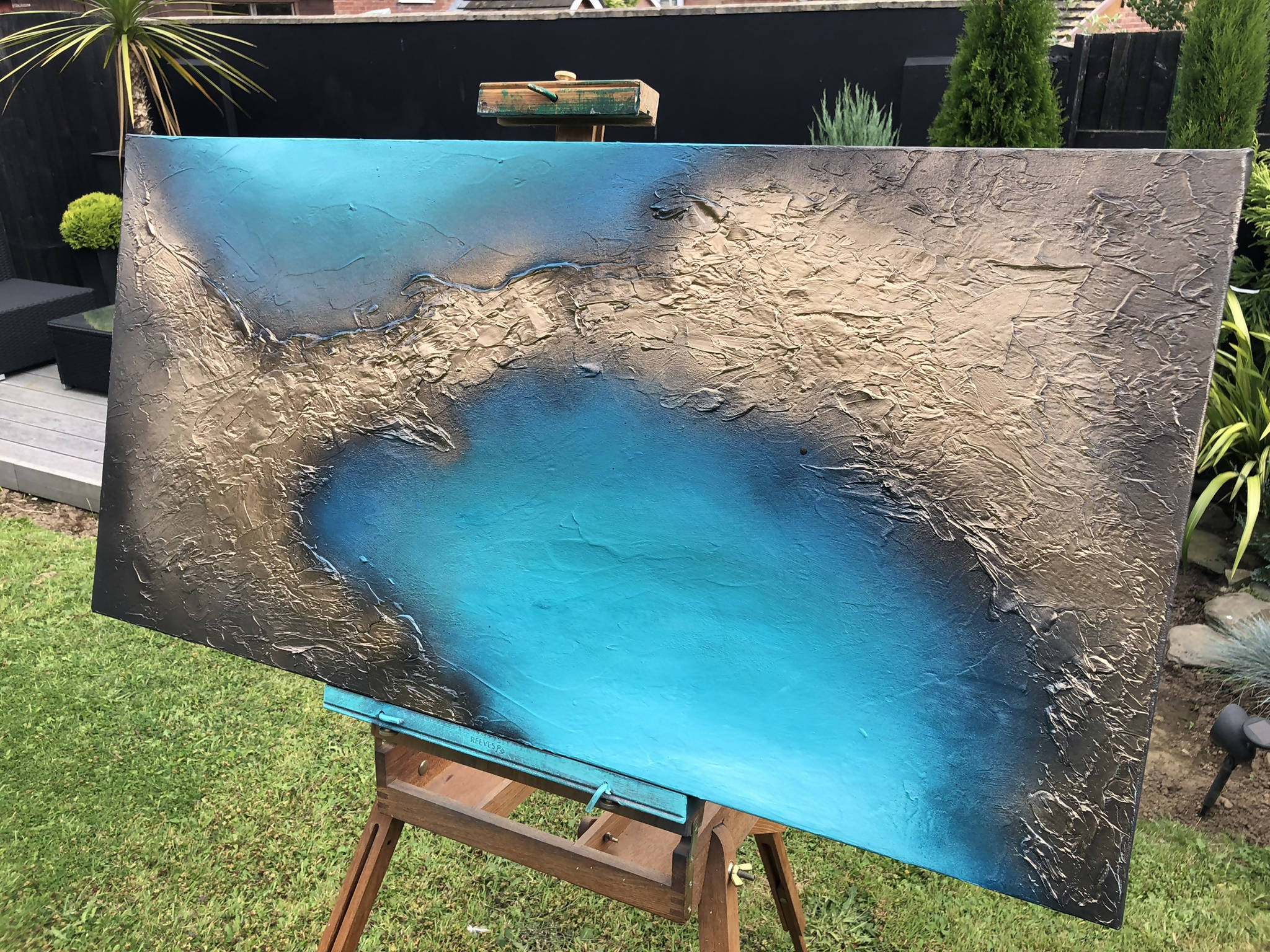COASTAL BLISS - Striking gold and turquoise mixed media canvas (100x50x4cm)