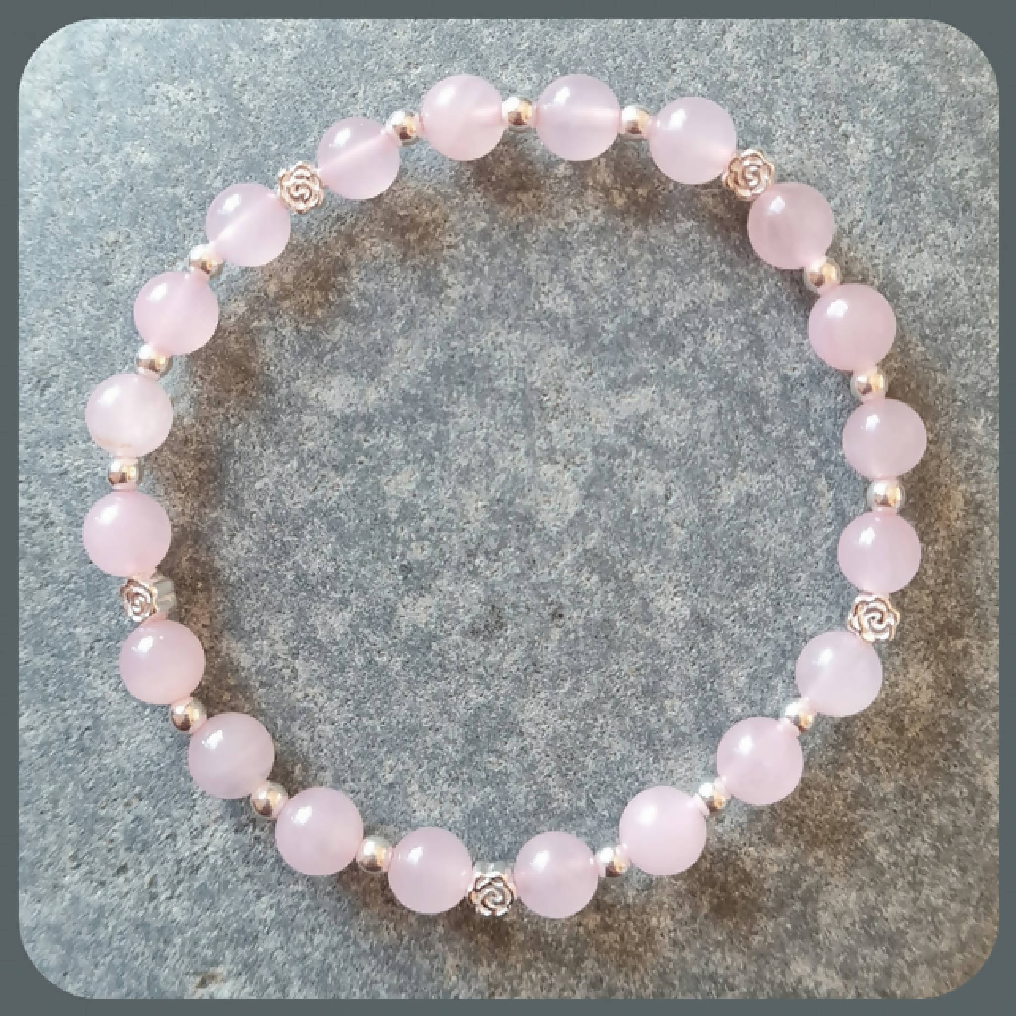 Rose Quartz and Sterling Silver Beaded Stacker Bracelet with Rose beads
