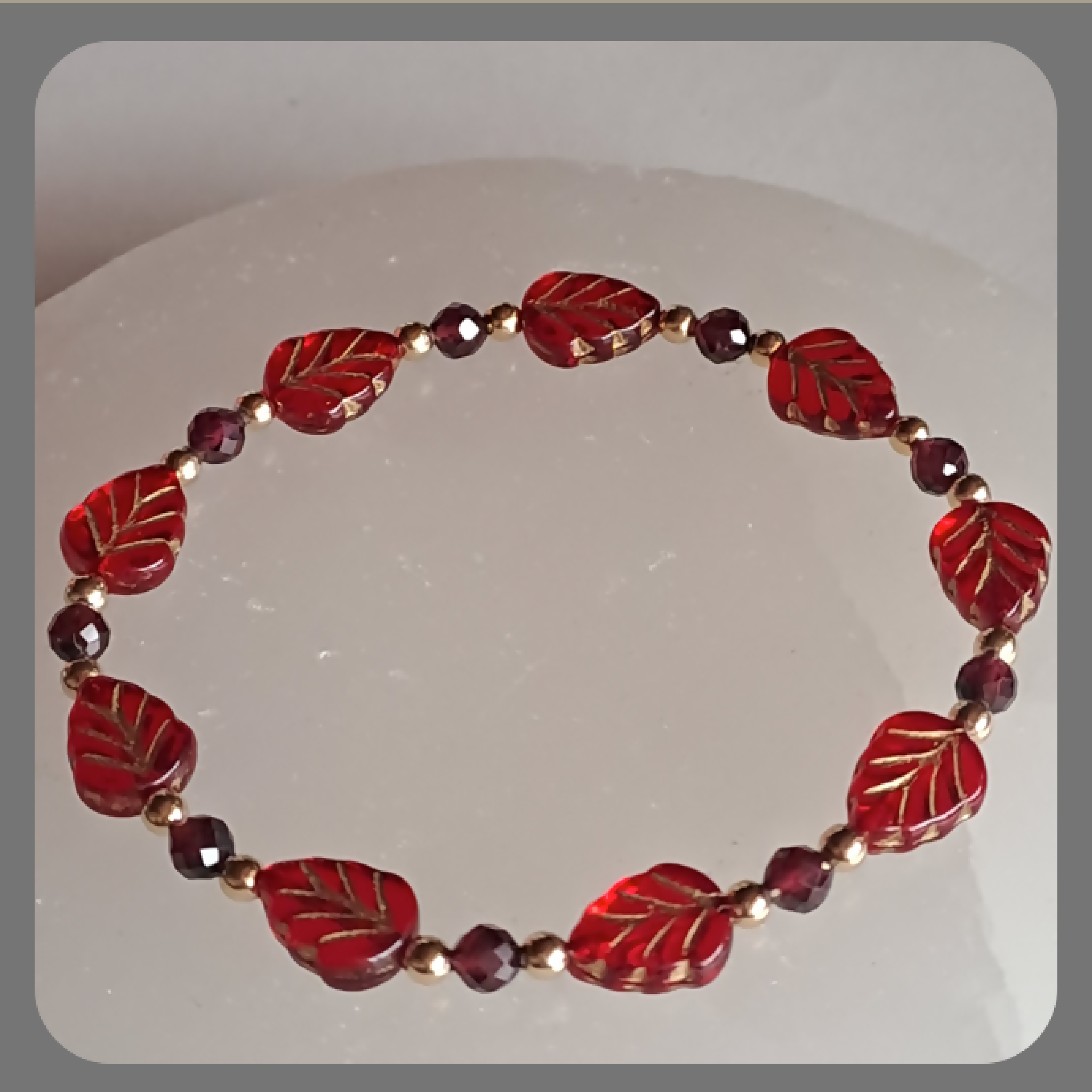 Czech Glass, Garnet and Vermeil Red Leaves bracelet