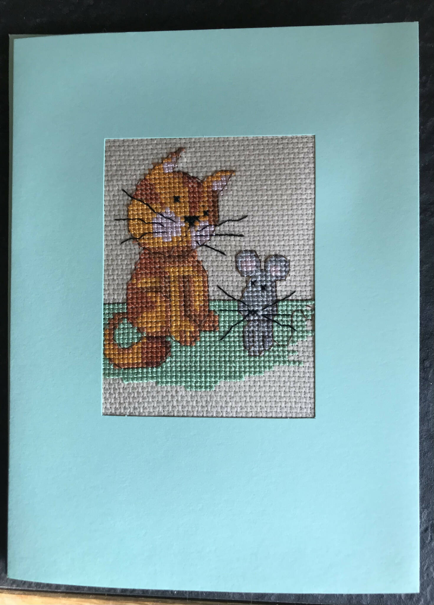 Cross Stitch cat and mouse card