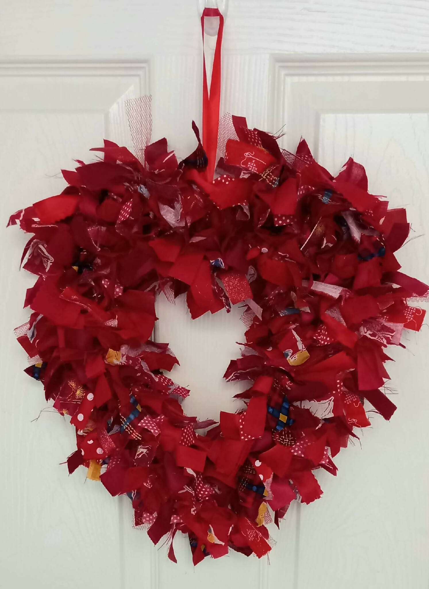 Rag Wreath Heart Shaped in Red with Colour Pops