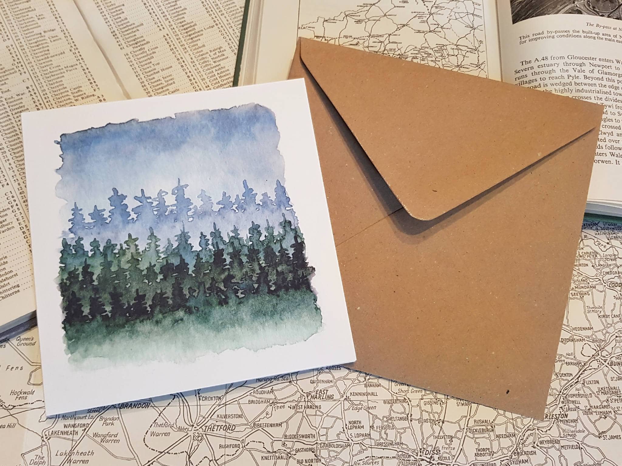 Greetings card of watercolour print of a winter forest