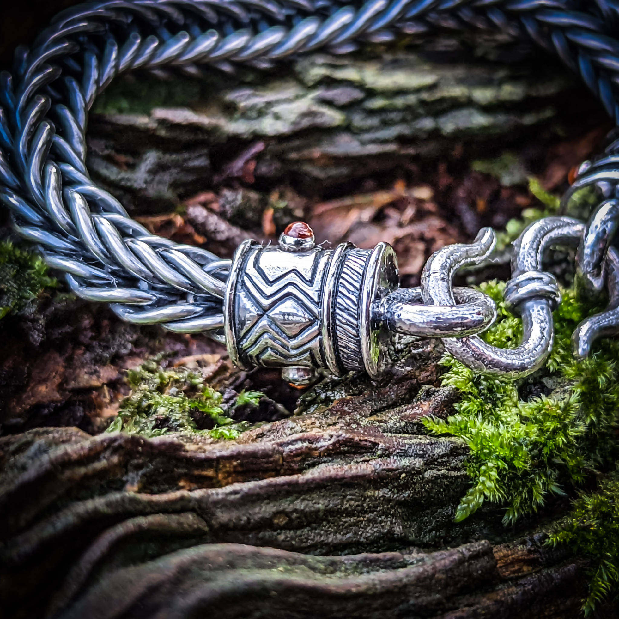 Sterling Silver Viking Foxtail Chain Bracelet With Bezel Set Garnets
