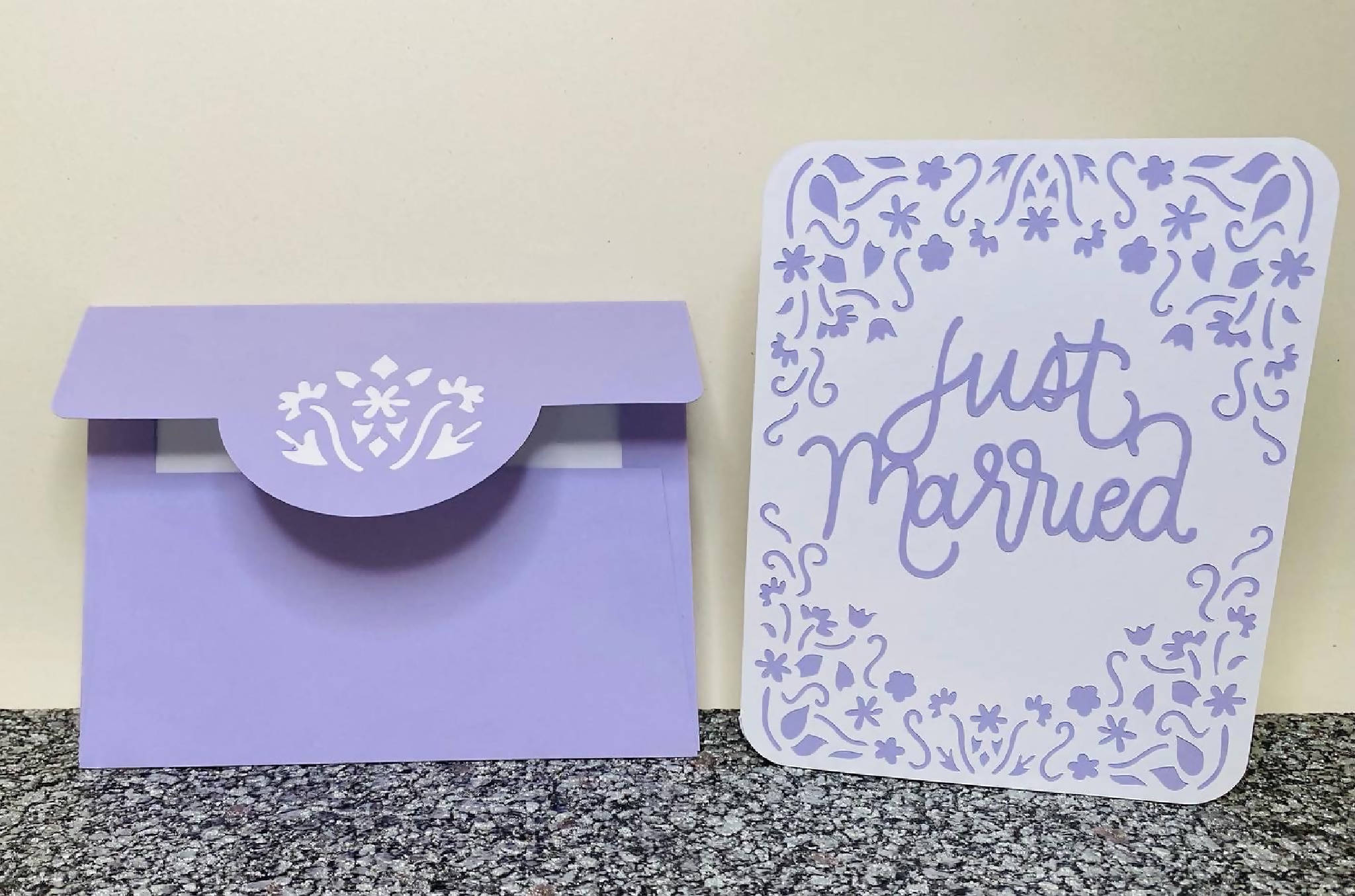Purple Intricate just married card and envelope