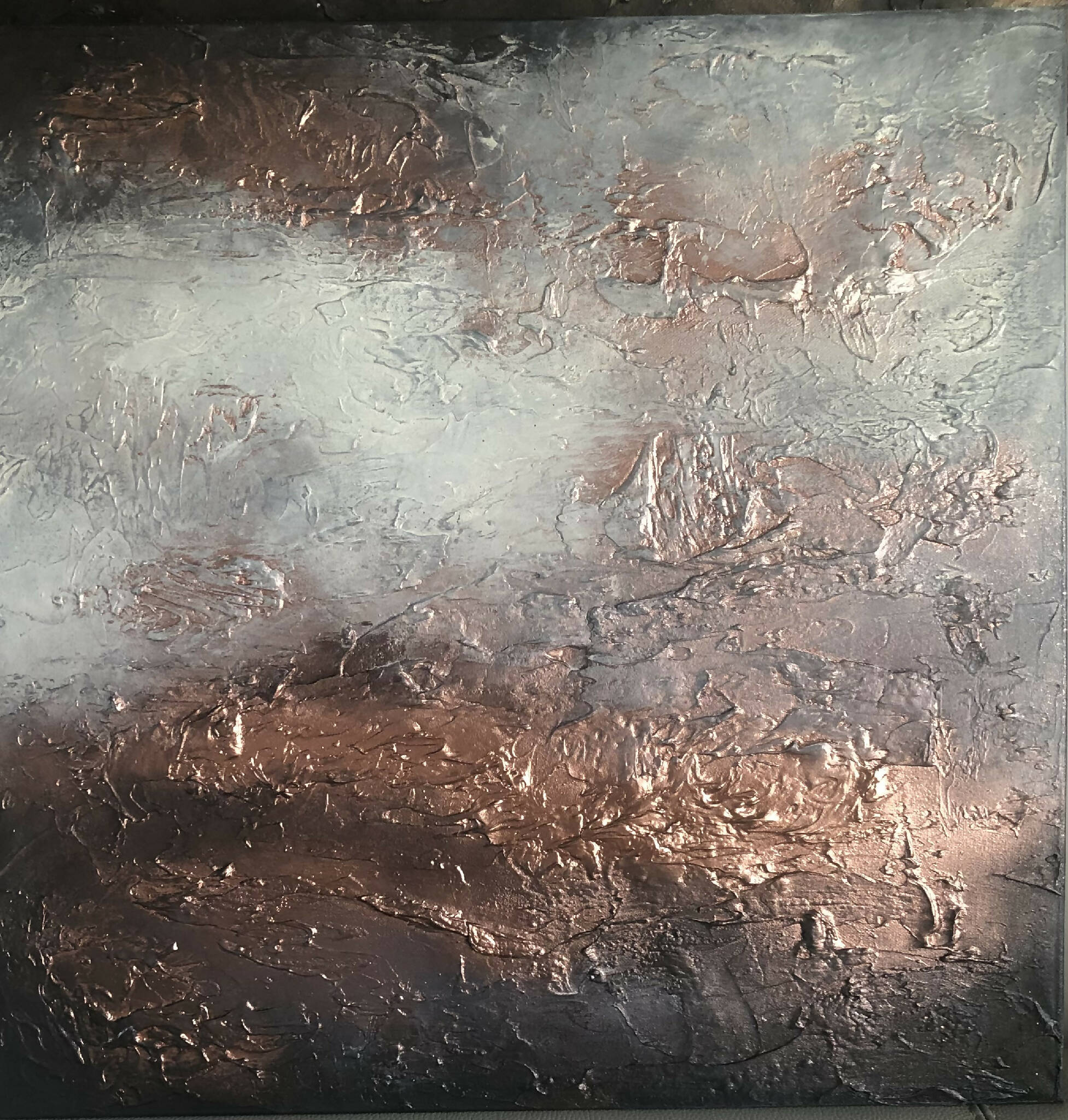 FORGE - Original textured canvas in shades of grey, cream and metallic copper