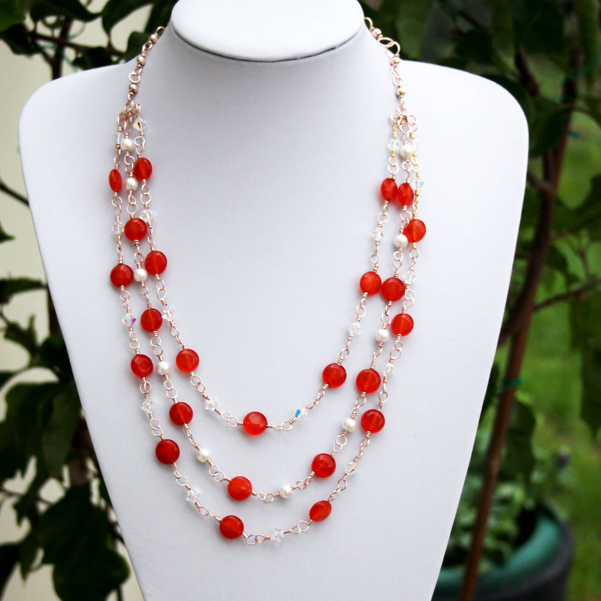 Red Orange Agate Gemstone & Swarovski Crystal Necklace (205)