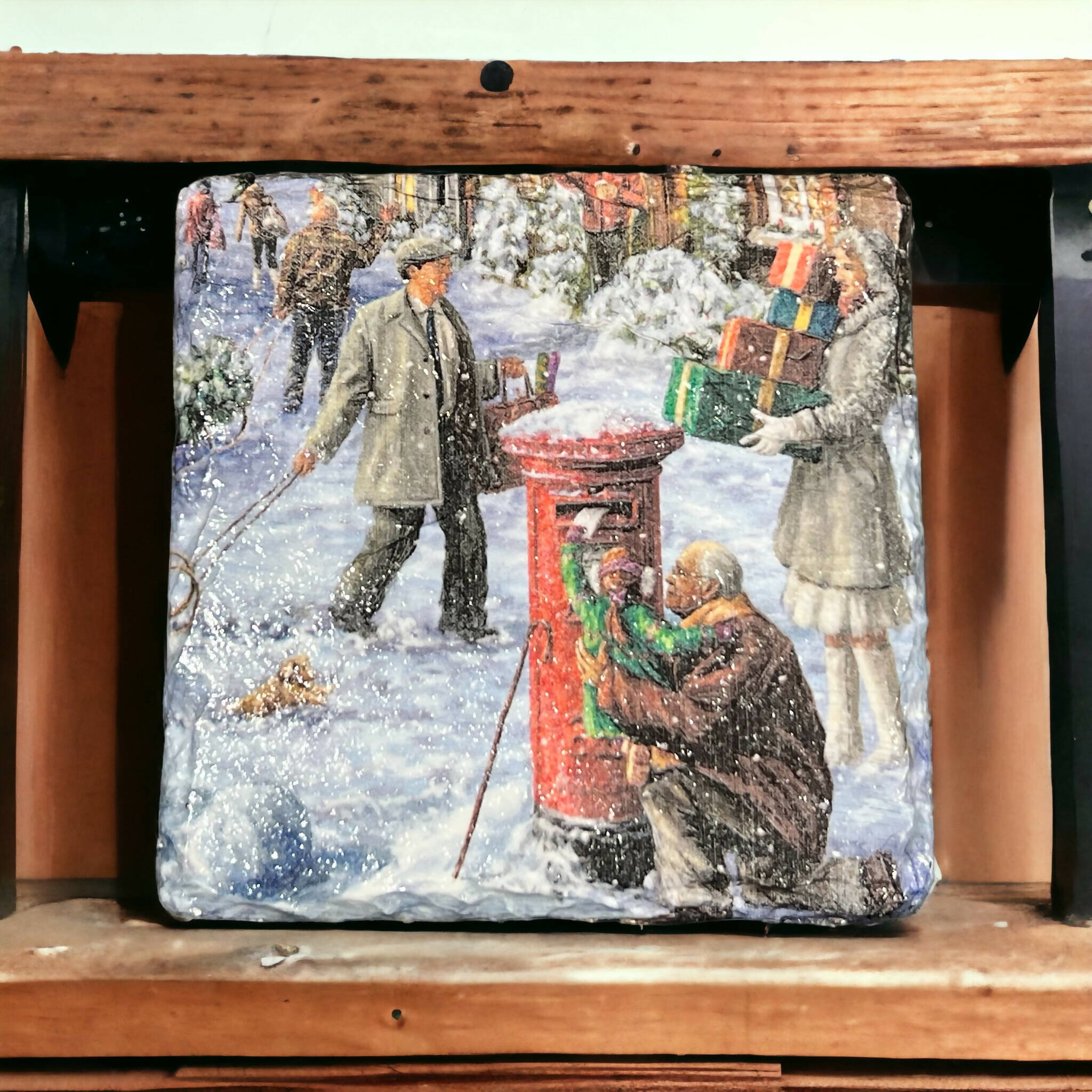 Festive Christmas present postal coaster, posting parcels drinks coaster, stocking filler gift