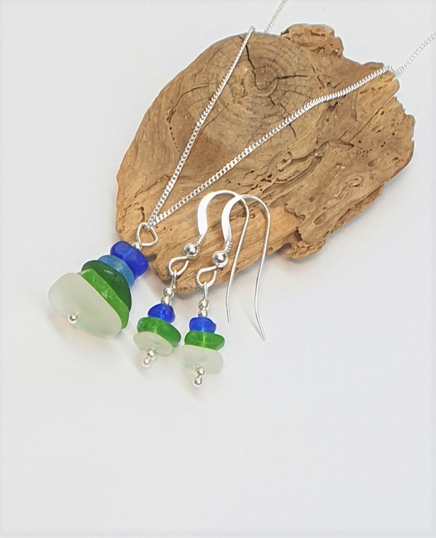 Stacked Seaglass Earrings and Pendant Set