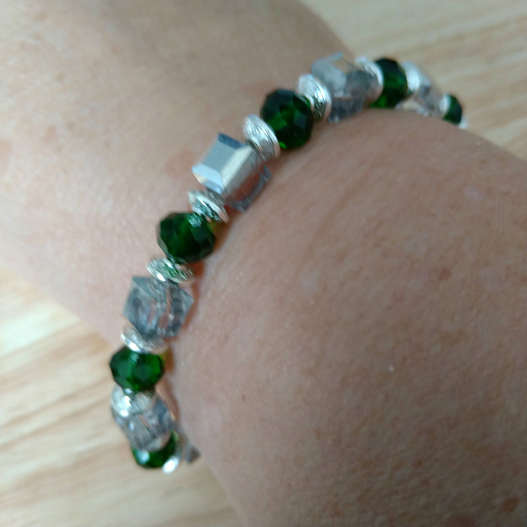 Green & Silver coloured bracelet, handmade using recycled beads. 18cm length, but an extender chain can be added upon request.