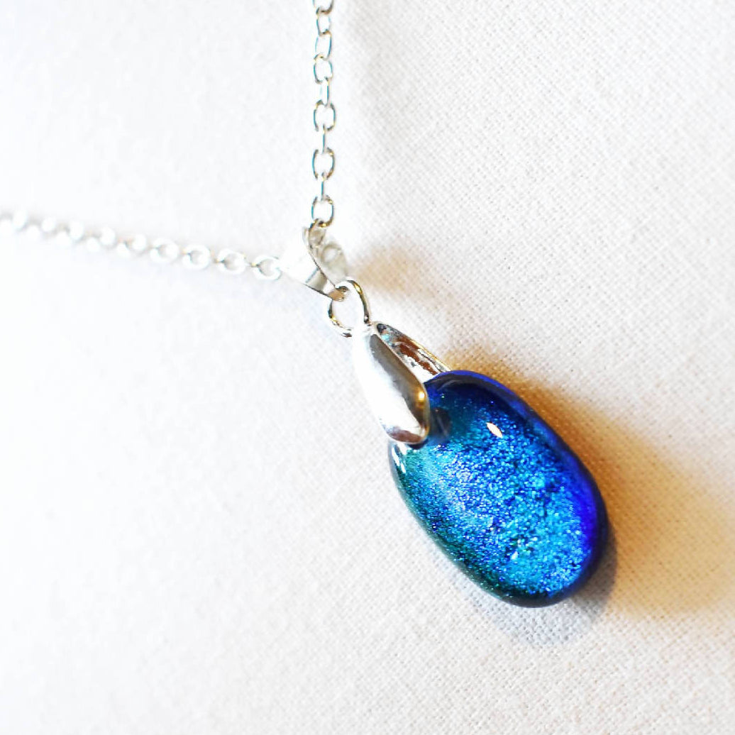 Sparkly Iridescent Blue Glass Pendant and Silver Plated Chain. Handmade Jewellery Gift