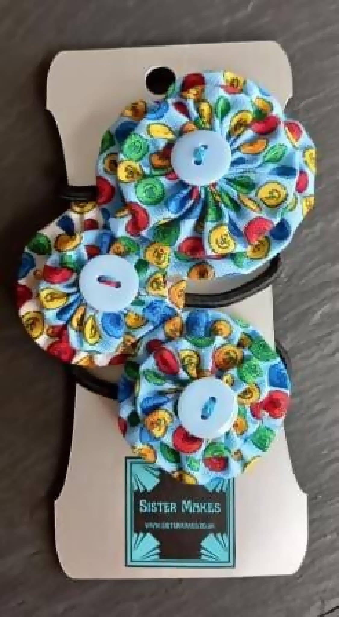 Hairband Bobble Triple Set with Blue Fabric with Multi Coloured Button Pattern Yo Yos
