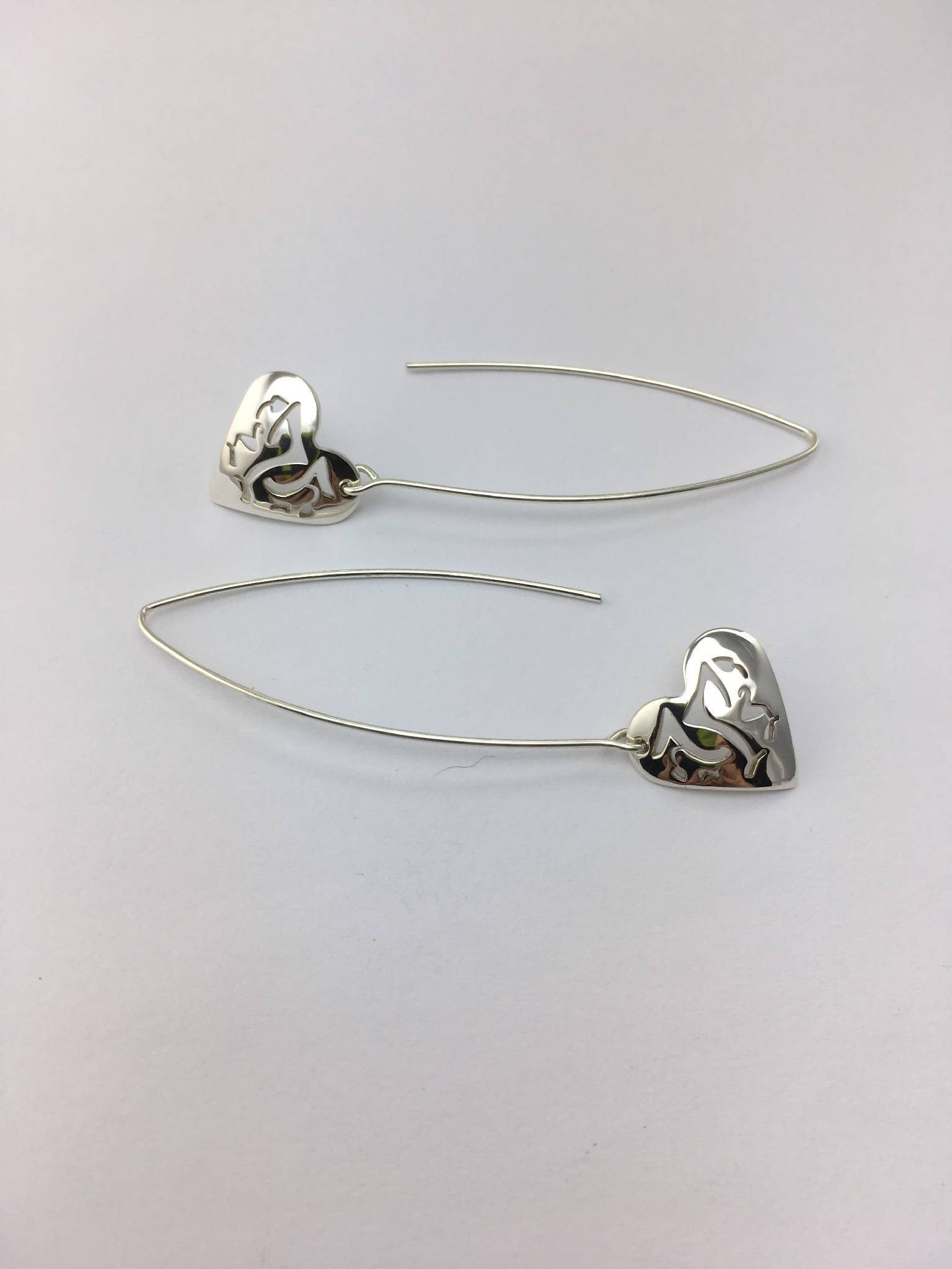 Welsh Dragon heart shaped long drop earrings
