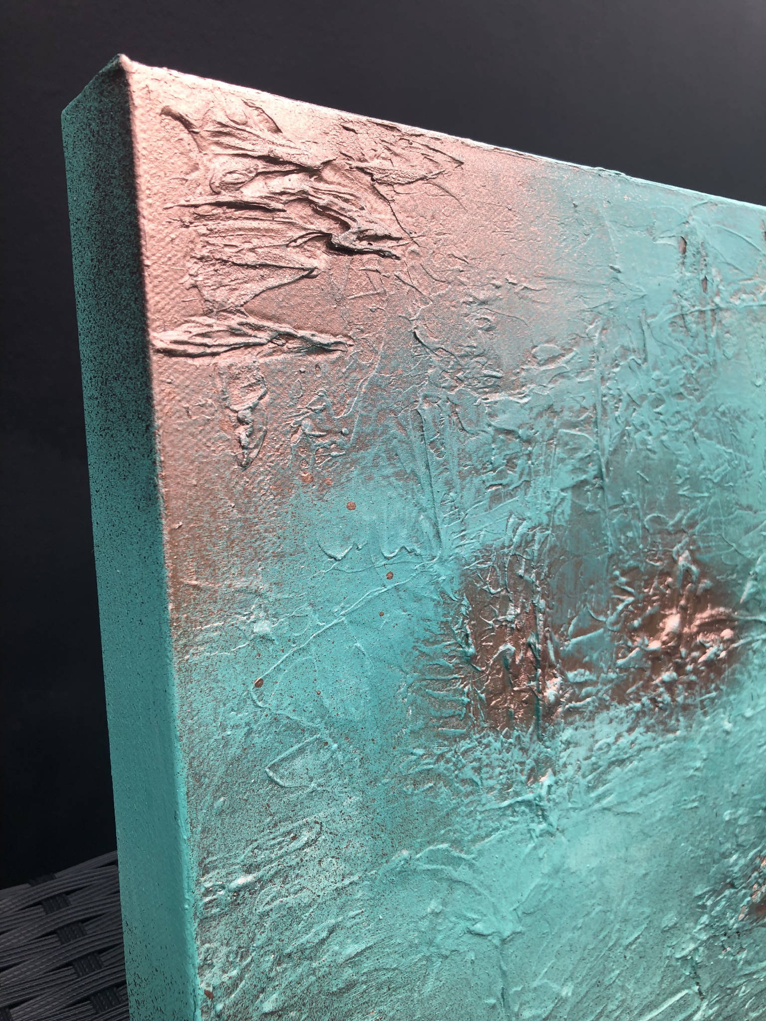 DELUXE PATINA - Pair of heavily textured copper patina canvases (97x56x4cm)