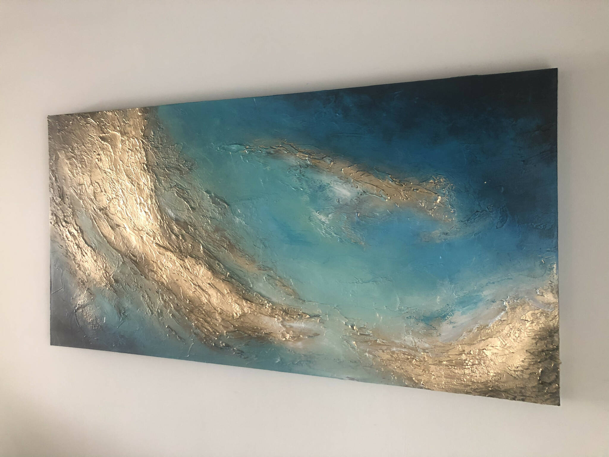 ISTHMUS - Beautiful textured art canvas in shades of jade, blue and gold