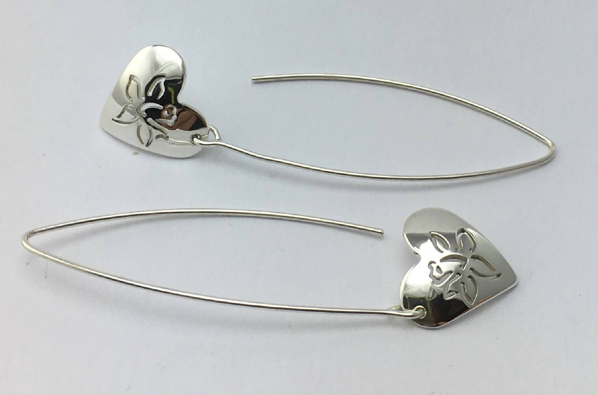 Heart shape long drop earrings with single Daffodil design
